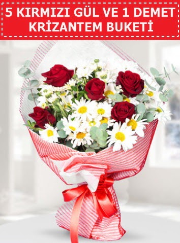 5 adet kırmızı gül ve krizantem buketi  Bursa çiçekçi inegöl kaliteli taze ve ucuz çiçekler 