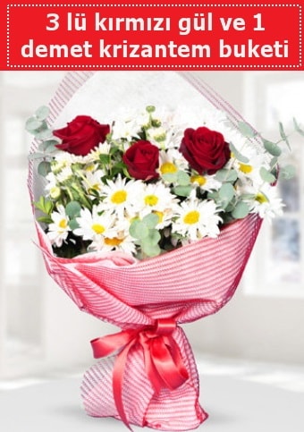 3 adet kırmızı gül ve krizantem buketi  Çiçekçi Bursa sitesi nilüfer anneler günü çiçek yolla 